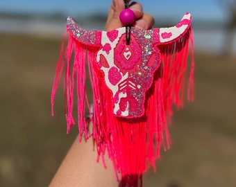 Hot Pink Glitter Cow Print Bull Skull Car Freshie