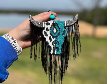 Turquoise Glitter Cow Print Bull Skull Car Freshie | Customizable Colors