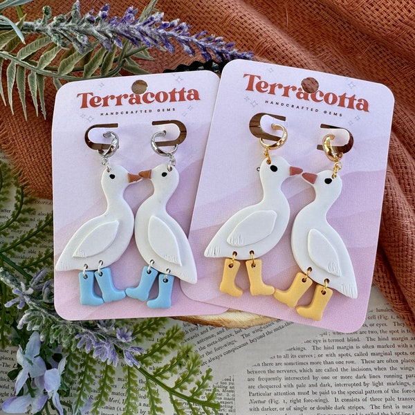 Goose Polymer Clay Earrings, Geese in Boots Earrings, Duck wearing boots Earrings, Statement Earrings, Spring earrings