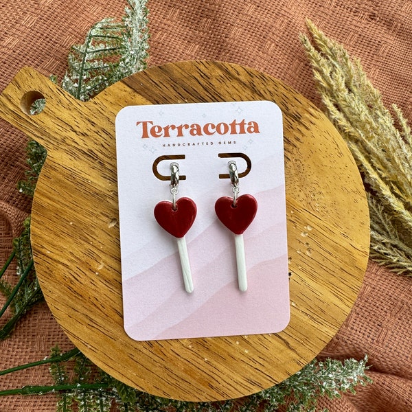 Red Heart Lollipop Earrings, Lollipop Earrings Valentine’s Day Earrings, Handmade Polymer Clay Earrings, Clay Earrings, Statement Earrings,