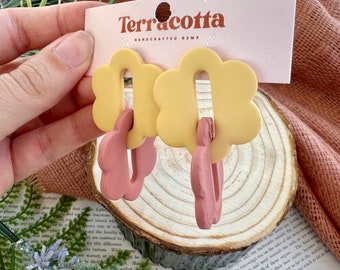 Pink Yellow Floral Link Earrings, Spring Clay Earrings Earrings, Handmade Polymer Clay Earrings, Flower Clay Earrings, Statement Earrings