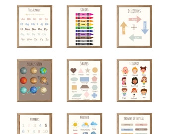 Educational Posters, 11 Homeschool Prints, Montessori Classroom Decor, Toddler playroom, Neutral Nursery Decor, Boho Playroom Wall Art