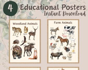 Set van 4 educatieve posters, homeschool prints, Montessori klaslokaal decor, peuter speelkamer I insecten, wilde, bos- en boerderijdieren
