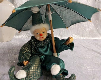 Vintage Porcelain Green Clown Dolls With Umbrella