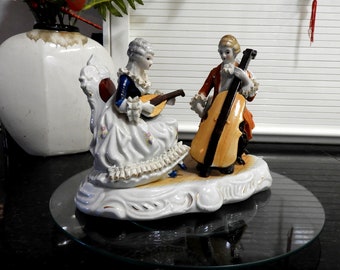 Large Vintage Porcelain Ornament Duo Playing Instruments,Home Decor