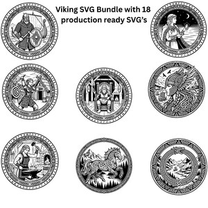 May include: A collection of black and white Viking-themed SVG designs. The designs include illustrations of Viking figures, longboats, and Norse mythology symbols. The text "Viking SVG Bundle with 18 production ready SVG's" is displayed at the top.