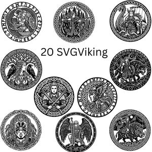 Pode incluir: Uma cole&ccedil;&atilde;o de designs circulares em preto e branco com tema Viking. Cada design apresenta ilustra&ccedil;&otilde;es detalhadas de figuras, guerreiros e s&iacute;mbolos n&oacute;rdicos, rodeados por bordas de n&oacute;s celtas. O texto "20 SVG Viking" &eacute; exibido no centro.