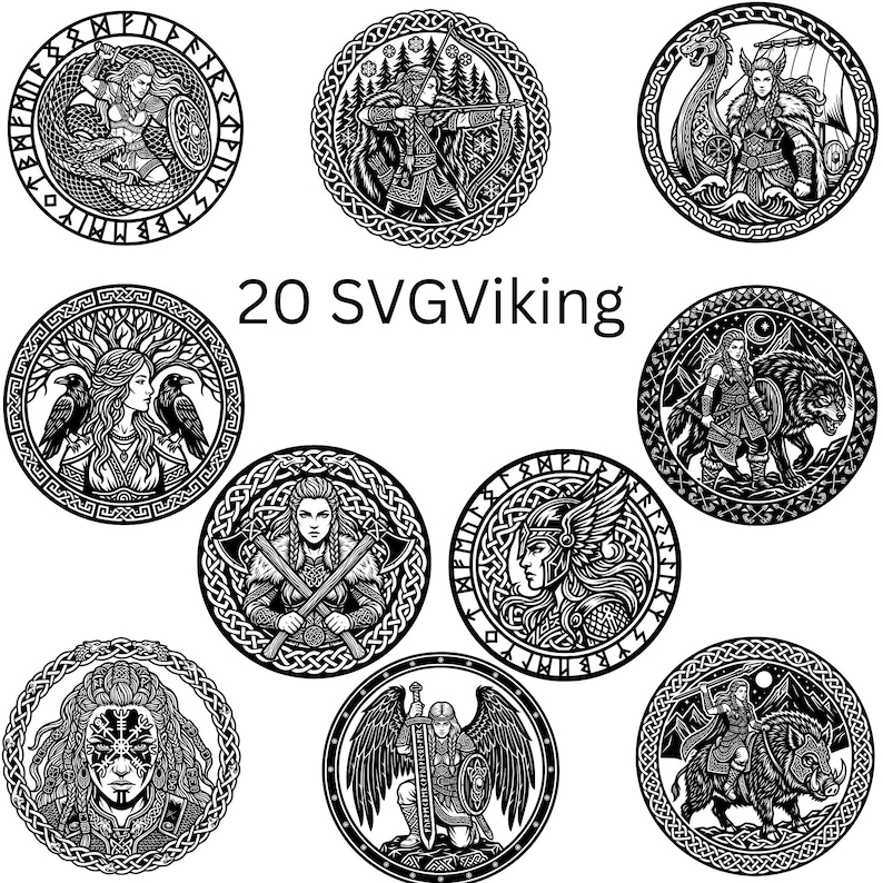 Pode incluir: Uma cole&ccedil;&atilde;o de designs circulares em preto e branco com tema Viking. Cada design apresenta ilustra&ccedil;&otilde;es detalhadas de figuras, guerreiros e s&iacute;mbolos n&oacute;rdicos, rodeados por bordas de n&oacute;s celtas. O texto "20 SVG Viking" &eacute; exibido no centro.