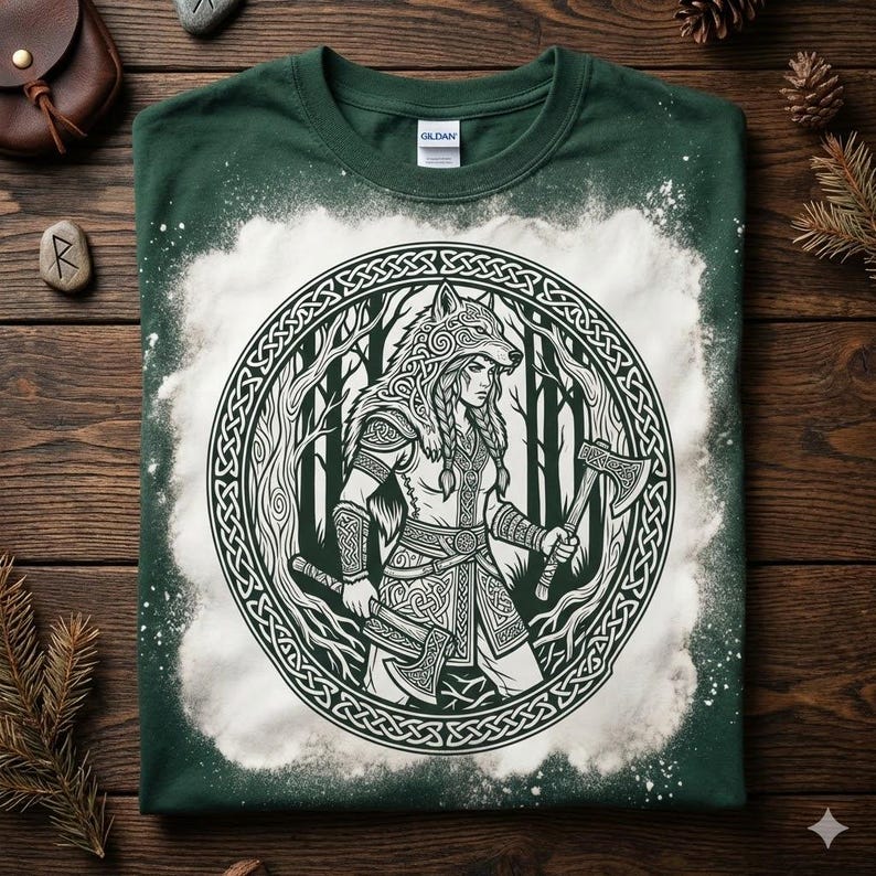 May include: Green t-shirt with a white graphic of a warrior with a wolf headdress, holding two axes, surrounded by a circular Celtic knot design. The design is set against a forest backdrop. The shirt has a bleached, distressed effect.