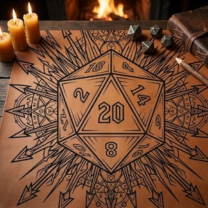 May include: A brown leather gaming mat featuring a large black D20 die design with numbers. The mat is surrounded by arrows and other symbols. Several metal dice, candles, a journal, and a pencil are also present, suggesting a tabletop role-playing game theme.