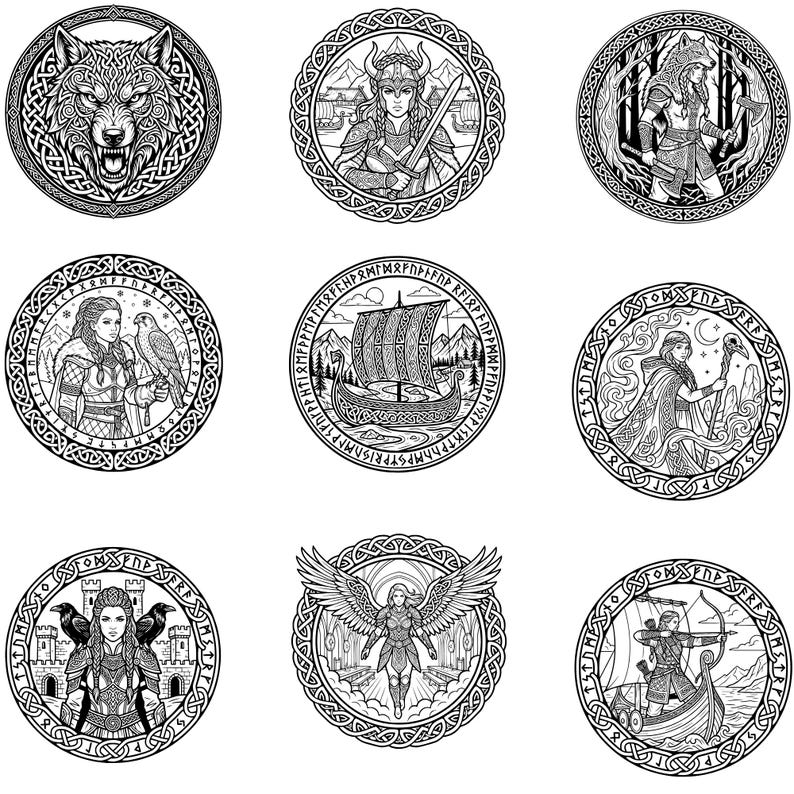 May include: A collection of nine black and white circular illustrations featuring Viking and Norse themes. The designs include a wolf's head, female warriors, a Viking ship, and other mythological figures, all within decorative borders.