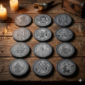 May include: A collection of twelve round, gray slate coasters with engraved Viking-themed designs. Each coaster features a different illustration, including warriors, axes, and Viking ships. The coasters are arranged on a wooden surface, with candles and a horn in the background.
