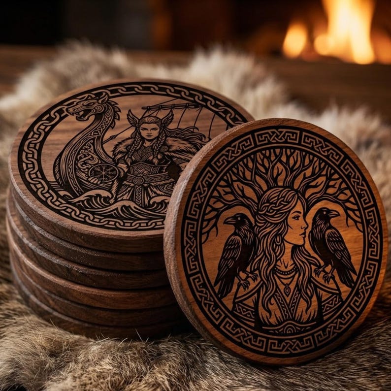 Pode incluir: Uma pilha de bases redondas de madeira com desenhos gravados intrincados. Uma base apresenta um navio viking e um guerreiro, enquanto outra retrata uma mulher com corvos e uma &aacute;rvore. As bases s&atilde;o castanhas escuras.