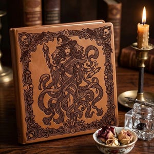 Pode incluir: Um diário de couro castanho com uma ilustração em relevo de uma bruxa. A capa apresenta bordas decorativas com caveiras e corvos. Uma vela acesa e rosas secas estão no fundo.