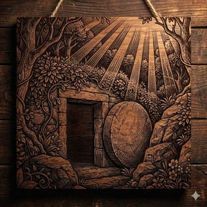 May include: A wooden wall hanging with a detailed engraving of a religious scene. The artwork depicts an open tomb with a large stone, surrounded by trees, foliage, and beams of light. A natural twine loop is at the top for hanging.