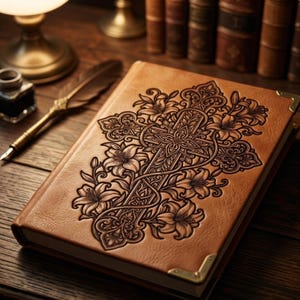 May include: A brown leather-bound journal with an embossed cross and floral design. The journal has gold corner protectors and is set on a wooden surface. A quill pen and inkwell are nearby.