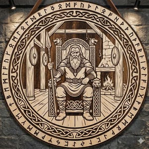 May include: A round wooden wall hanging with a detailed carving of a seated figure holding a spear. The figure is surrounded by Viking-style imagery, including runes and knotwork. The piece is made of light-colored wood with darker carved details.