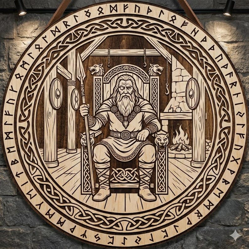 May include: A round wooden wall hanging with a detailed carving of a seated figure holding a spear. The figure is surrounded by Viking-style imagery, including runes and knotwork. The piece is made of light-colored wood with darker carved details.