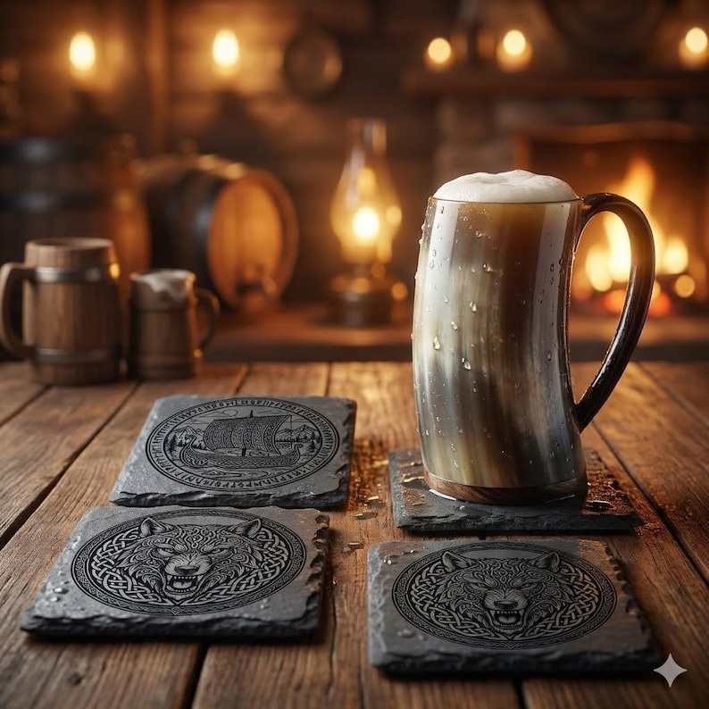 May include: A horn-shaped mug filled with beer, resting on a slate coaster. Three additional slate coasters with engraved Viking ship and wolf designs are visible. The scene is set on a wooden table with a warm, inviting ambiance.