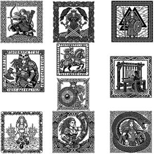 Pode incluir: Nove ilustra&ccedil;&otilde;es a preto e branco de figuras n&oacute;rdicas em molduras decorativas. As imagens retratam guerreiros com armas, uma mulher com arco e flechas e uma mulher a tecer. As molduras t&ecirc;m intrincados desenhos de n&oacute;s.