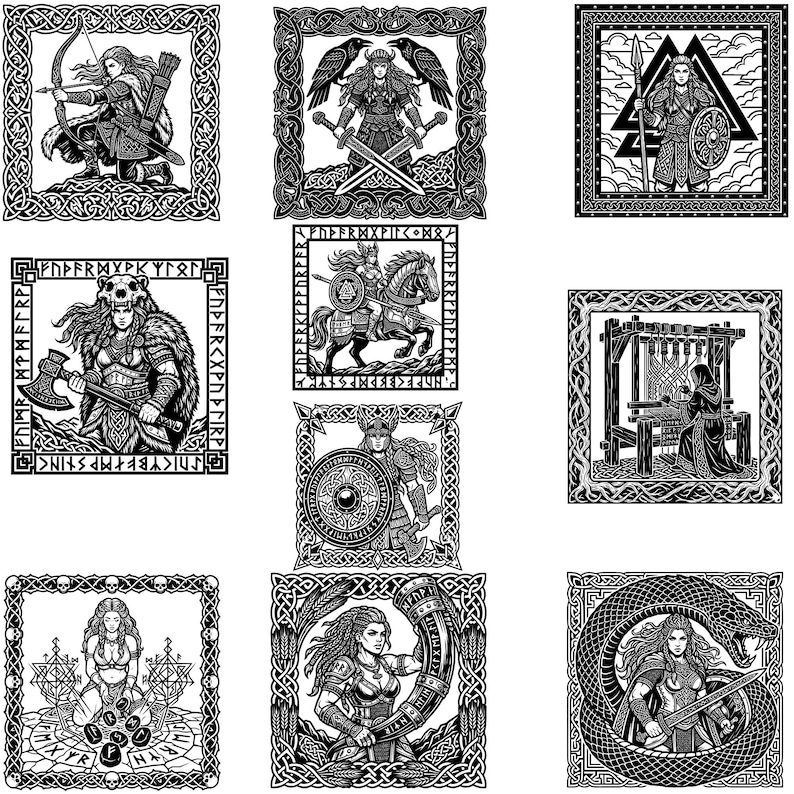 Pode incluir: Nove ilustra&ccedil;&otilde;es a preto e branco de figuras n&oacute;rdicas em molduras decorativas. As imagens retratam guerreiros com armas, uma mulher com arco e flechas e uma mulher a tecer. As molduras t&ecirc;m intrincados desenhos de n&oacute;s.