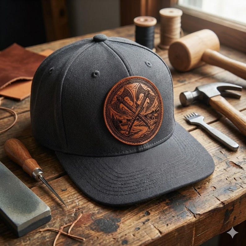 May include: A charcoal gray baseball cap with a round, brown leather patch featuring a detailed design of crossed axes and a landscape. The cap is set on a wooden surface with leather crafting tools.