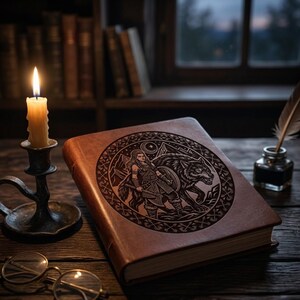 Pode incluir: Um livro encadernado em couro castanho com um intrincado design circular apresentando uma guerreira e um lobo. Uma vela acesa em um casti&ccedil;al de bronze, &oacute;culos e um tinteiro com uma pena est&atilde;o em uma mesa de madeira.