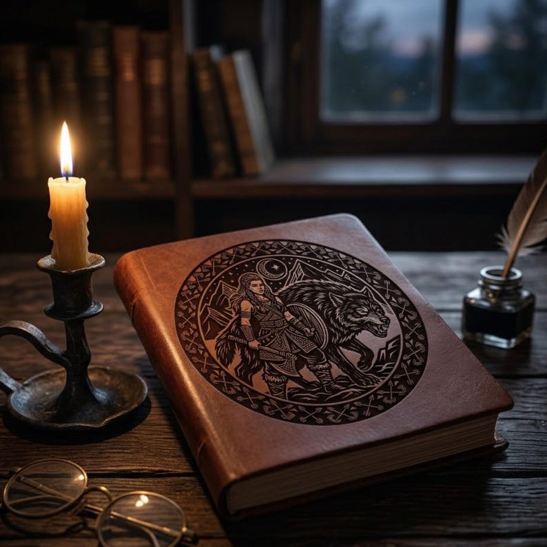 Pode incluir: Um livro encadernado em couro castanho com um intrincado design circular apresentando uma guerreira e um lobo. Uma vela acesa em um casti&ccedil;al de bronze, &oacute;culos e um tinteiro com uma pena est&atilde;o em uma mesa de madeira.