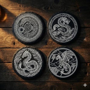 Puede incluir: Cuatro posavasos redondos de pizarra negra con diseños de dragones blancos. Cada posavasos presenta una ilustración de dragón diferente, incluyendo un dragón con alas y un dragón en un círculo.