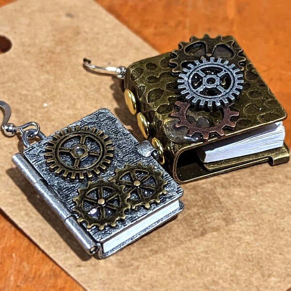 Pair of Metal Steampunk Book Earrings