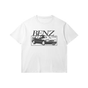May include: White t-shirt featuring a black and white graphic of a Mercedes-Benz 190E car with the text "BENZ 190E".