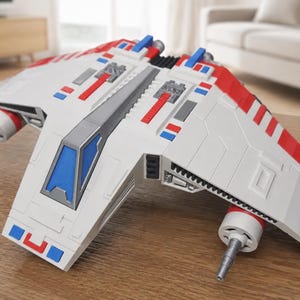 May include: A white, red, and blue plastic toy starfighter spaceship featuring a central cockpit with a blue window, two forward-facing cannons mounted on circular engines, and angular wings with red striped patterns and various mechanical details.