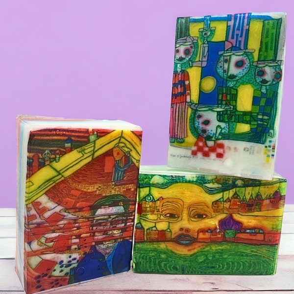 Set of 3 Hundertwasser Soaps - Made With Shea Butter  - Mourning Schiele, The Second Skin, Irinaland Over the Balkans - Art Lovers Gift