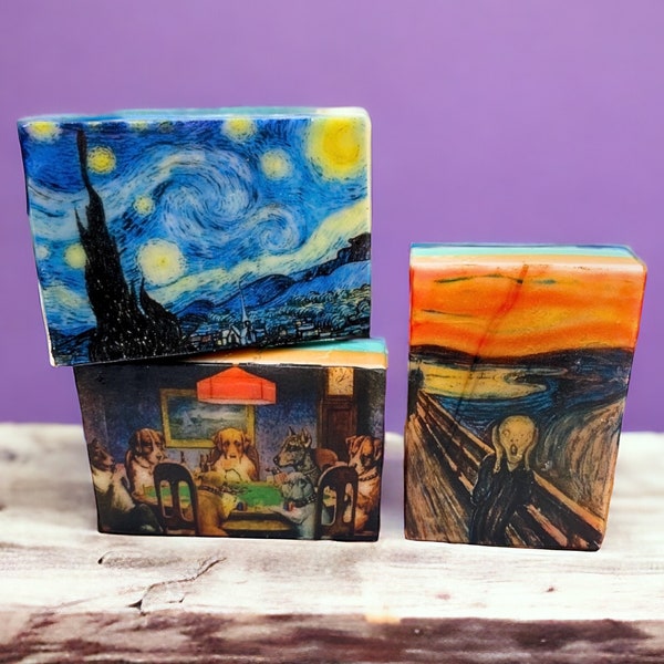 Art Lovers Soap Set, Natural Soap Bars, Set of 3, Made With Shea Butter, Famous Paintings, Vintage Art, Starry Night, Poker Dogs, The Scream