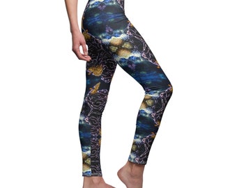 Leggings casuales de corte y costura para mujer con pieza de arte 3D abstracta de pez AMARILLO