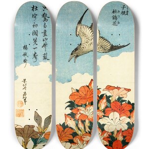 232 Skateboards Custom Hokusai Cuckoo and Azaleas Triptych Three Skateboard Deck Set Art History Japanese Gift For Him Japanese Aesthetic