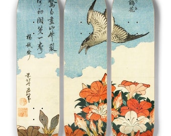 232 Skateboards Custom Hokusai Cuckoo and Azaleas Triptych Three Skateboard Deck Set Art History Japanese Gift For Him Japanese Aesthetic