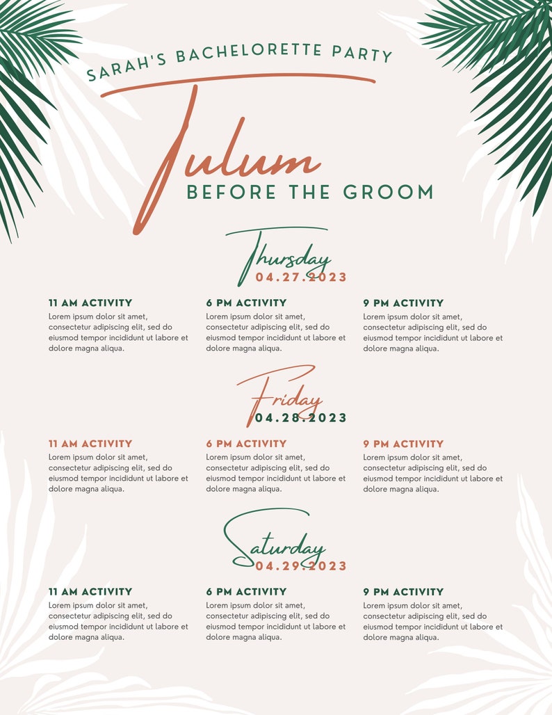 Tulum Themed Personalized Bachelorette Party Itinerary Etsy