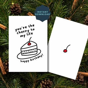 Jolie carte d'anniversaire en téléchargement numérique, tu es la cerise sur le gâteau, carte imprimable pour lui, carte d'amour romantique doux, gâteau aux cerises pour elle