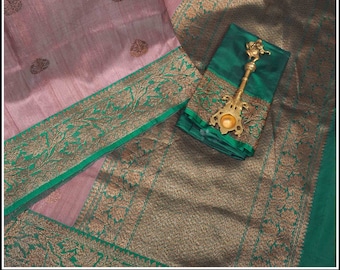 Banarasi Tussar Silk Saree in Lotus Pink and Green - Silk Mark Certified