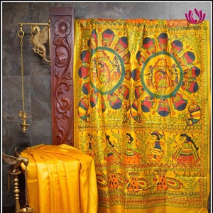Gachi Tussar silk saree in bright Yellow with hand painted Madhubani
