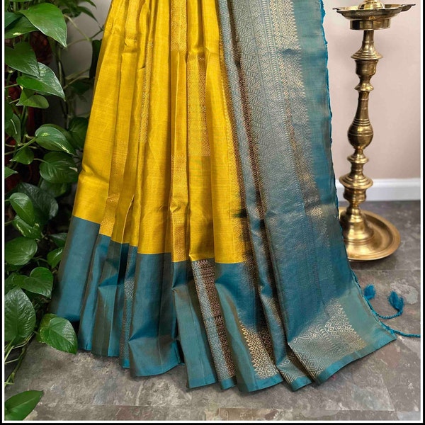 Kanchipuram soft silk in golden Mustard and greenish Blue- Silk Mark Certified