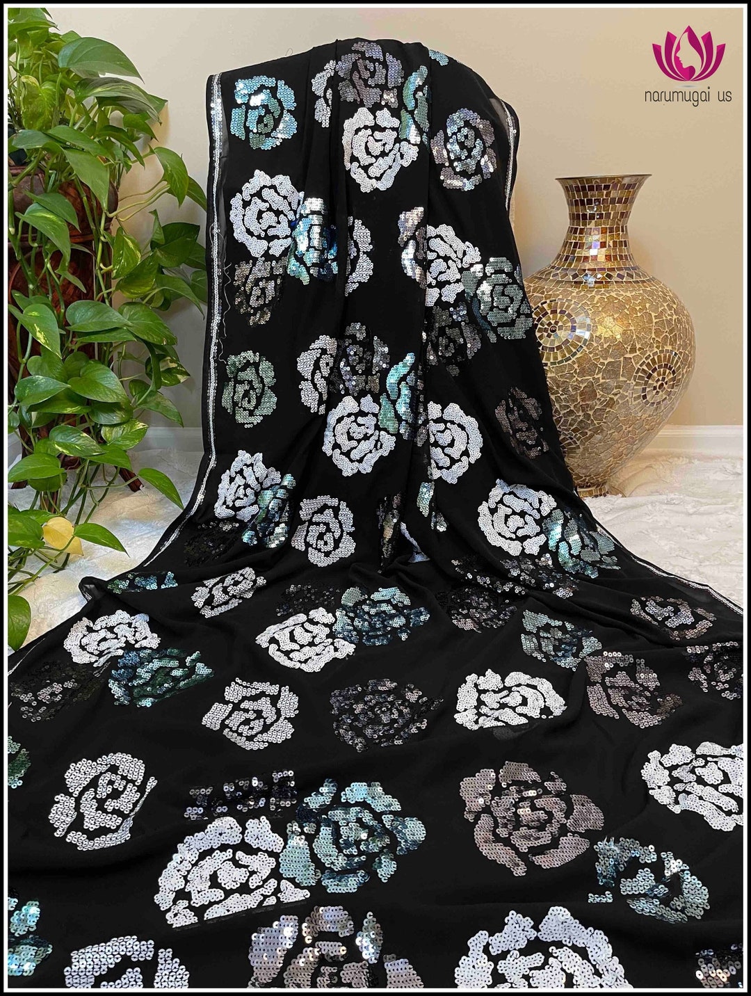 Black & Gold Allover Sequin Embroidered Saree with Abstract patterns