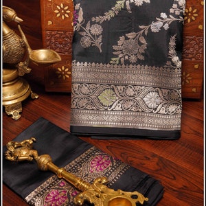 Banarasi Katan Silk in Black with Floral jaal and Meenakari weaving
