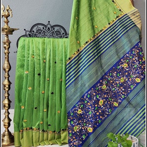 Cotton Jute silk saree in Green with Hand embroidered Designs