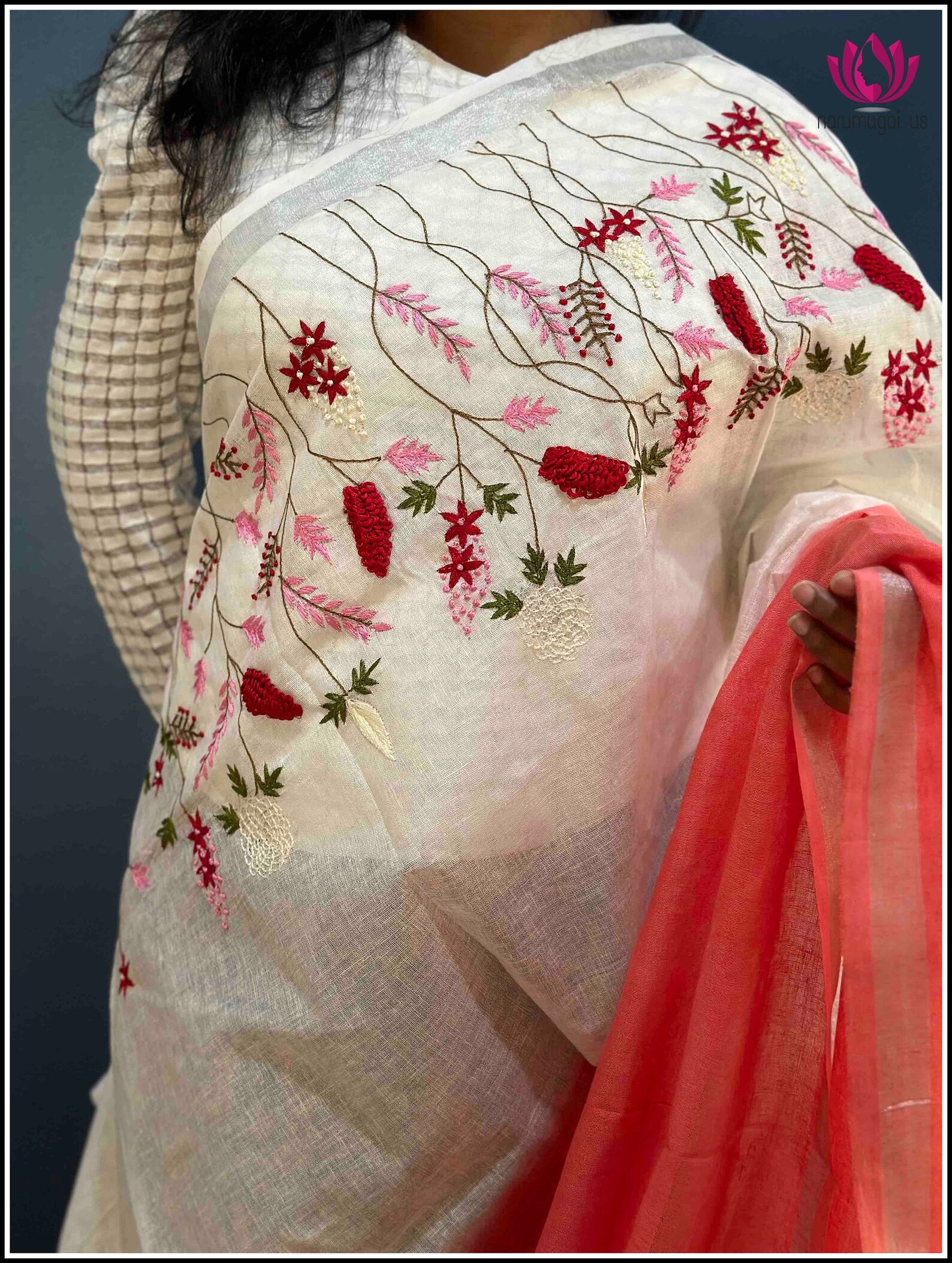 White Embroidered Linen Blend Saree main image 1