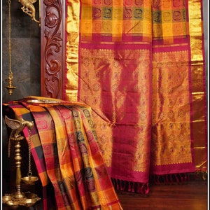Kanchipuram silk saree in Red with Bomkai like check style - Silk Mark Certified