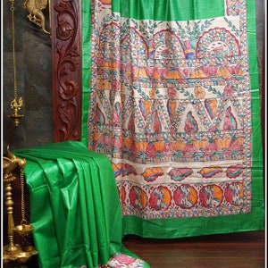 Gachi Tussar silk saree in Green with hand painted Madhubani