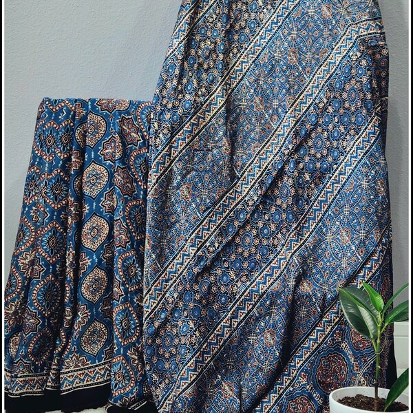 Modal silk hand block printed Ajrakh saree in Indigo color