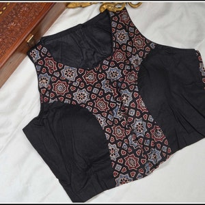 Black Kalamkari print cotton sleeveless blouse - Size 38